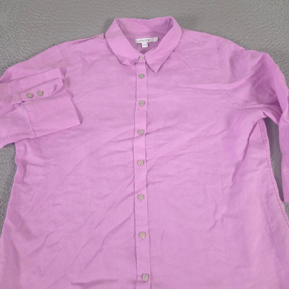 Chico's Top Womens 2 US 12 No Iron Linen 3/4 Sleeve Solid Button Down Blouse
